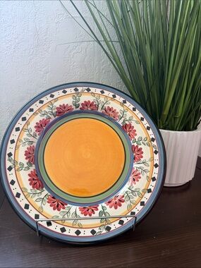 one Pier 1 Hand-Painted Floral Ceramic Dinner Plate - Orange Center